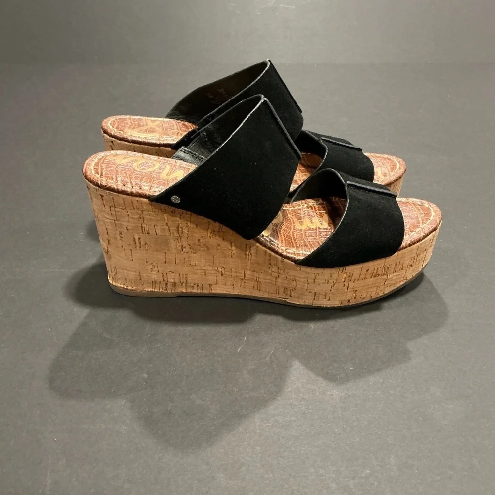 Sam Edelman Damara Black Suede Cork Wedge Sandals Women’s Size 9